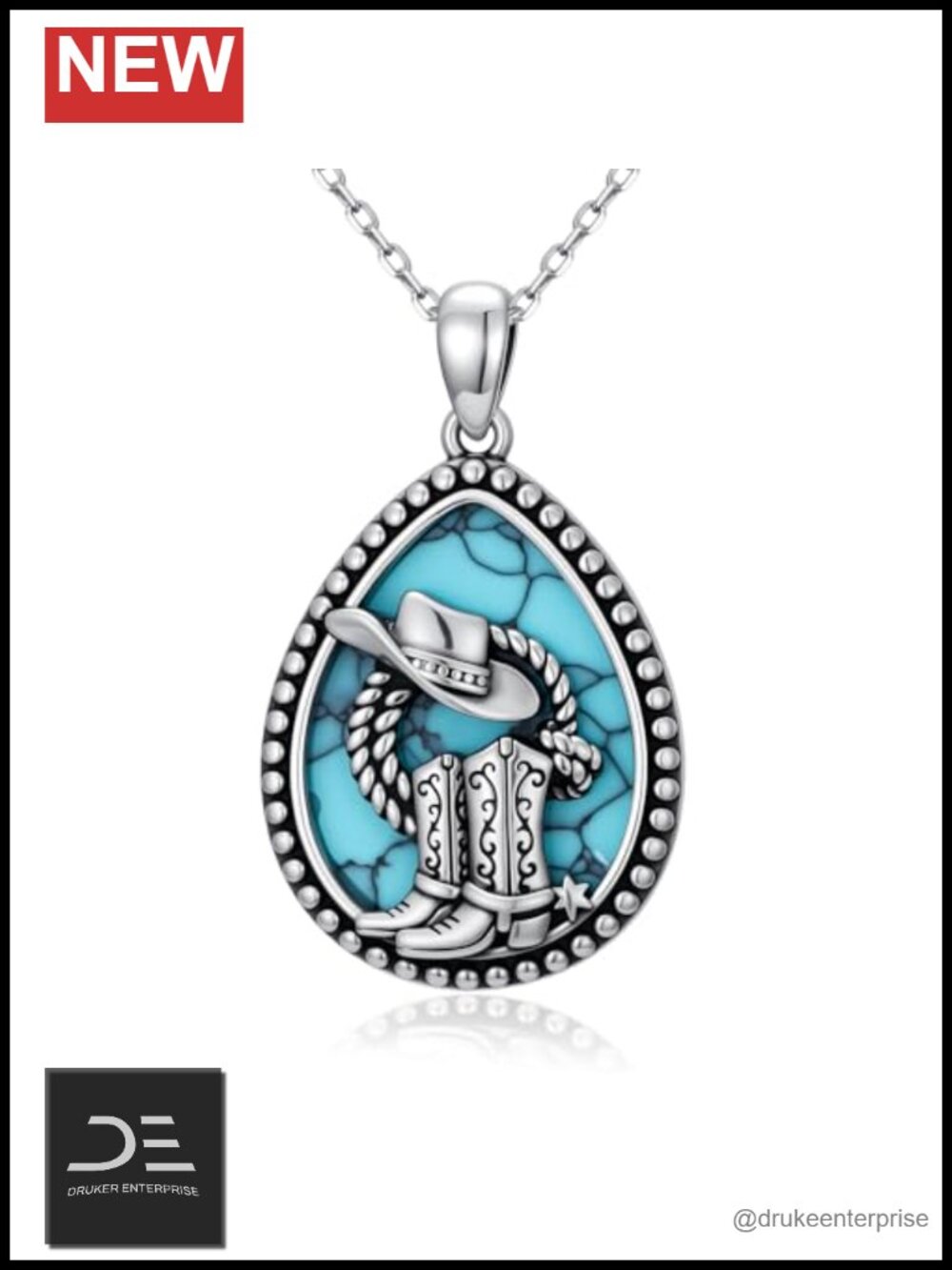 925 Sterling Silver Turquoise Pendant Necklace with Cowboy Boot Hat Charm